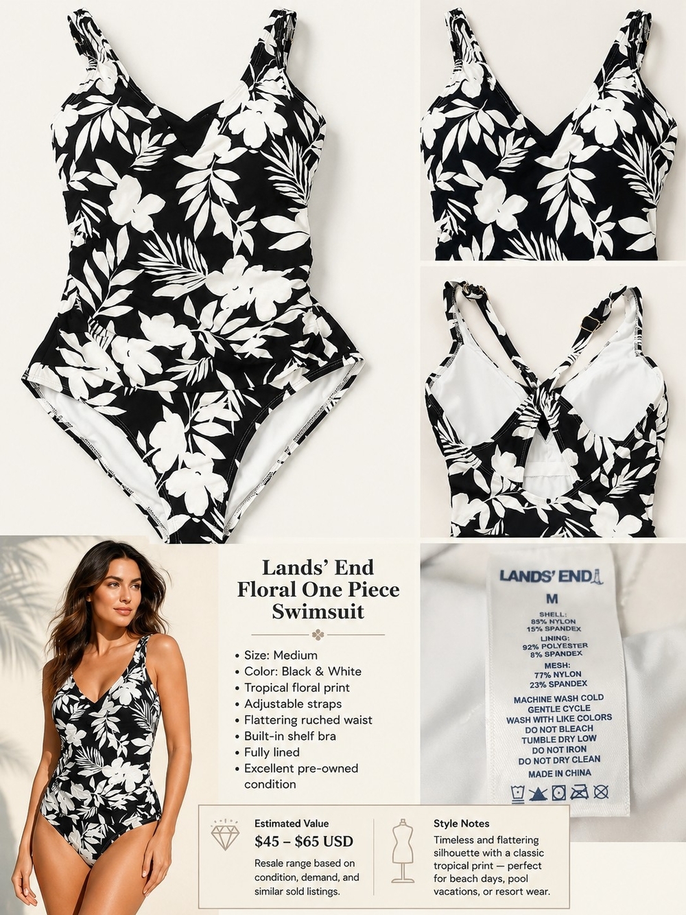 Lands' End White Swimwear One Piece Size Medium